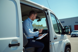Jeune homme inspectant un van blanc en concession