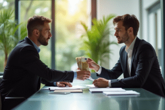 Investisseur remettant des euros à un entrepreneur dans un bureau lumineux