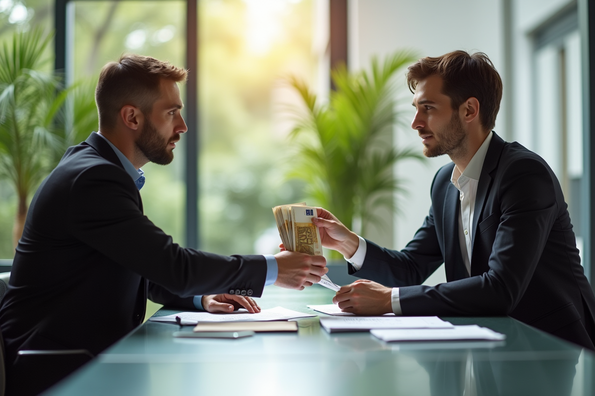 Investisseur remettant des euros à un entrepreneur dans un bureau lumineux