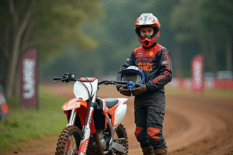 Jeune pilote de motocross avec casque coloré et moto 125cc