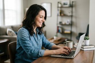 Jeune femme en denim travaillant sur un ordinateur dans un bureau moderne