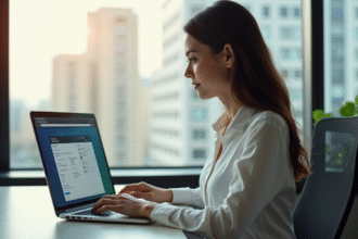 Jeune femme professionnelle travaillant sur son ordinateur dans un bureau lumineux