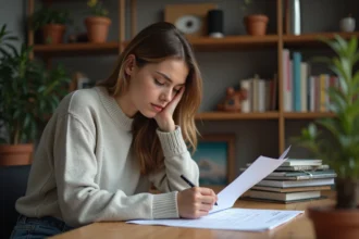 Jeune femme française étudie un document dans un appartement
