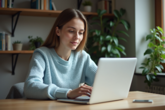 Jeune femme concentrée sur son ordinateur dans un appartement cosy