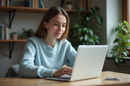 Jeune femme concentrée sur son ordinateur dans un appartement cosy