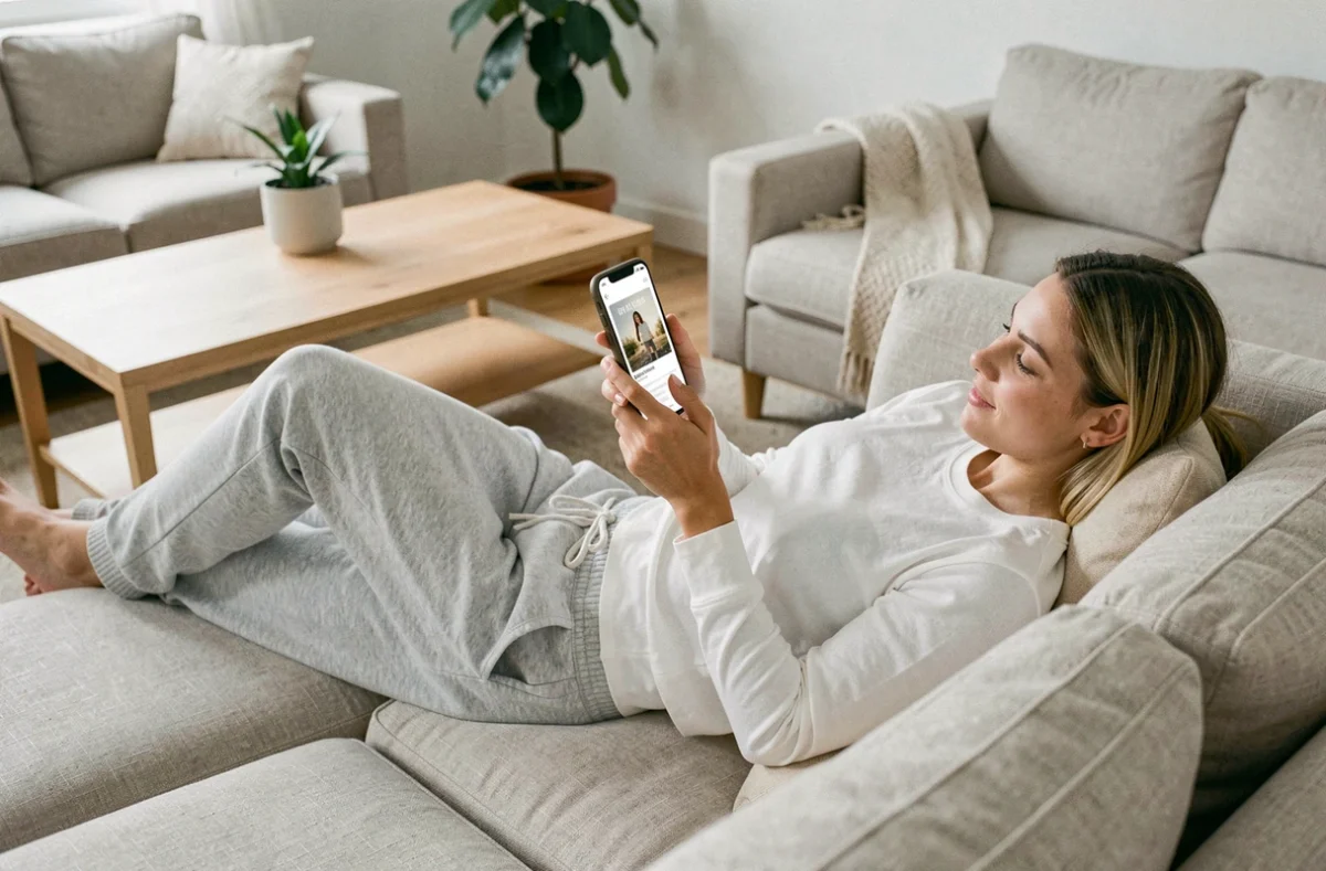 Jeune femme naviguant sur une plateforme d'ebooks depuis son smartphone allongée sur un canapé