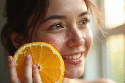 Jeune femme avec peau lumineuse appliquant une tranche d'orange