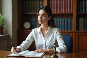 Jeune femme pensant dans une salle de lecture avec statue de justice