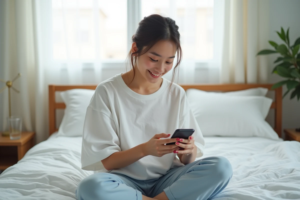 Jeune femme souriante trouvant la solution du mot de 9 lettres au jeu 4 images 1 mot