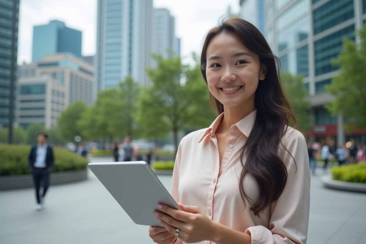 Jeune femme souriante avec une tablette dans un espace urbain