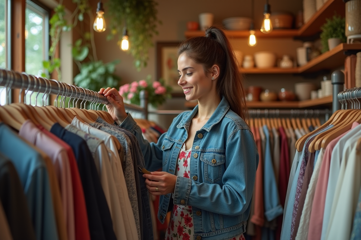 Jeune femme souriante dans une friperie vintage en ville
