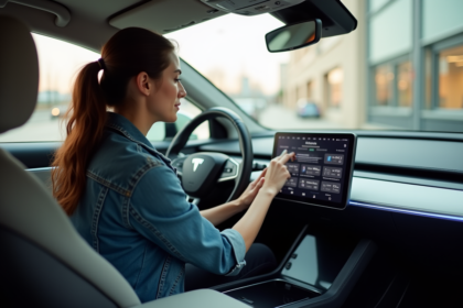 Jeune femme ajustant le tableau de bord d'une voiture électrique moderne
