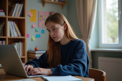 Jeune fille studieuse sur son bureau avec ordinateur