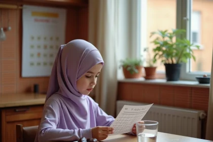 Jeune fille portant un hijab lavande consultant un horaire de Ramadan imprimé à une table de cuisine à Lyon