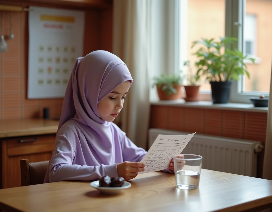 Jeune fille portant un hijab lavande consultant un horaire de Ramadan imprimé à une table de cuisine à Lyon