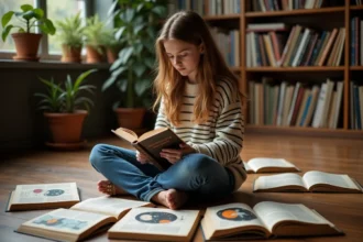 Jeune fille lisant un livre de science-fiction dans une bibliothèque chaleureuse