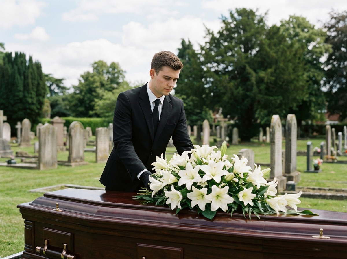 Jeune funeraire arrangeant des lys sur un cercueil