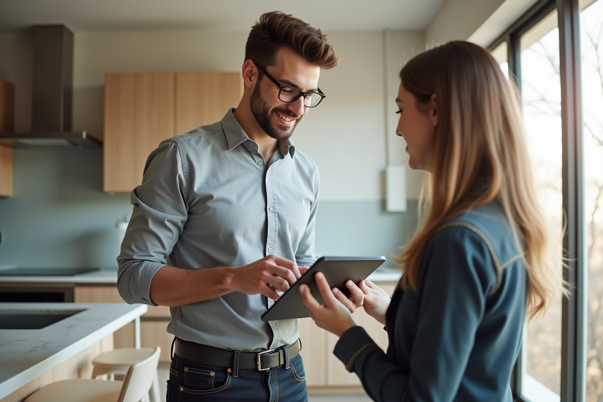 Jeune homme en chemise grise consulte des taux hypothécaires dans une cuisine moderne