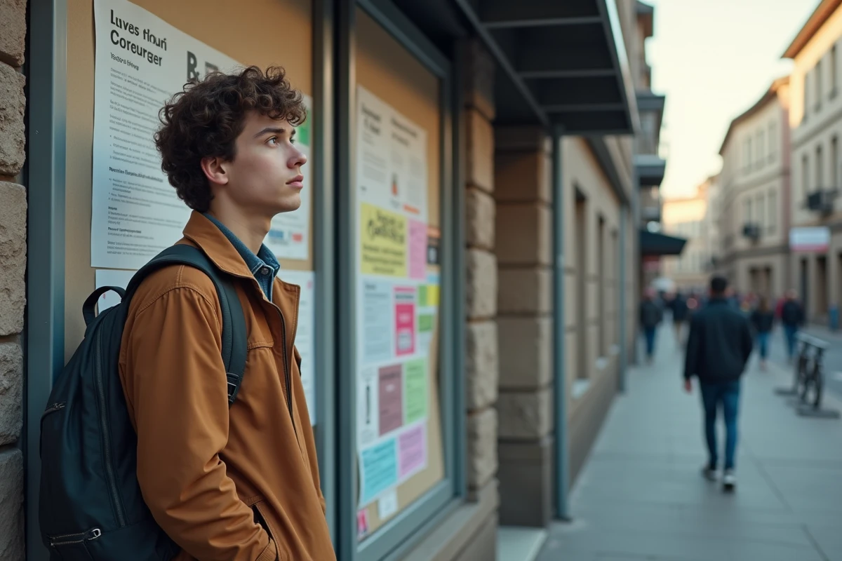 Jeune homme regarde un panneau d annonces de service civique