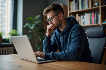 Jeune homme en hoodie dans un bureau moderne et organisé