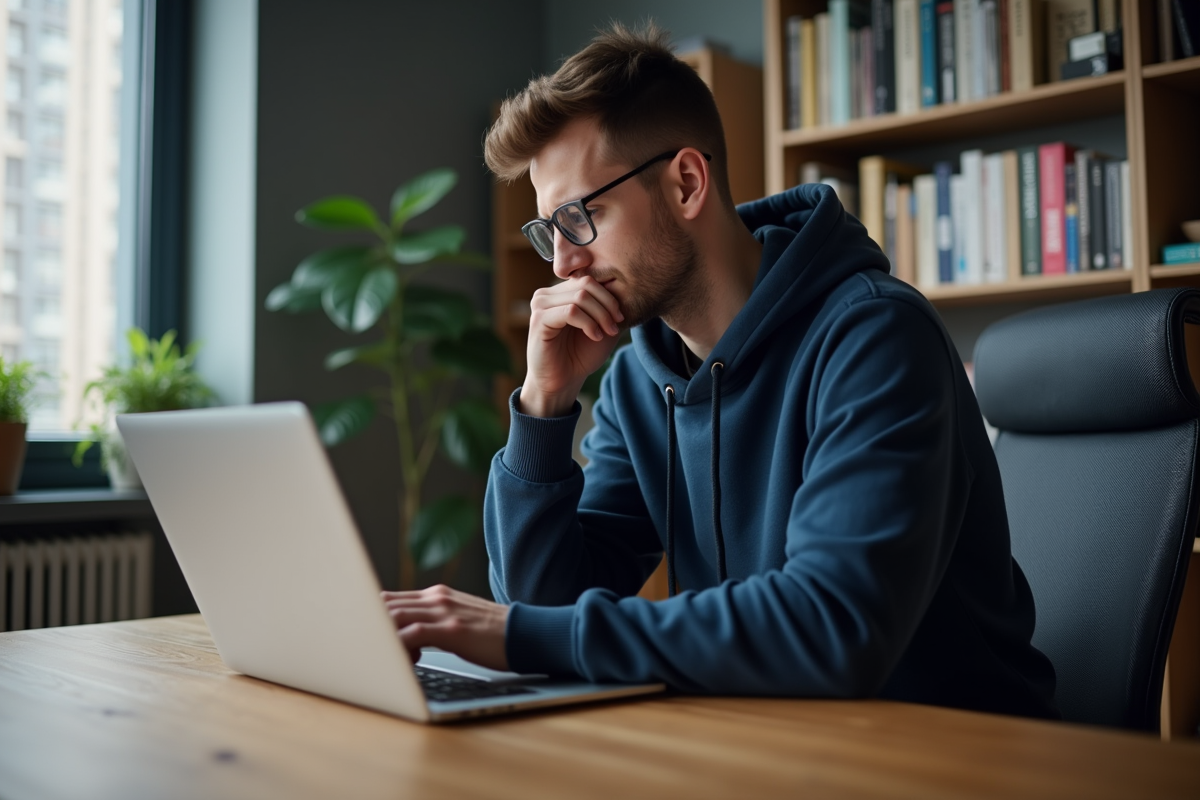 Jeune homme en hoodie dans un bureau moderne et organisé