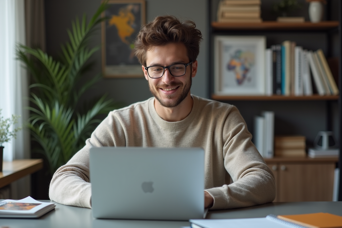 Jeune homme au bureau regardant son ordinateur portable