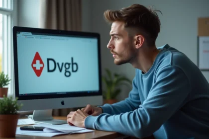 Jeune homme concentré devant son ordinateur avec logo Dvgb XOILUTUGHIUZ