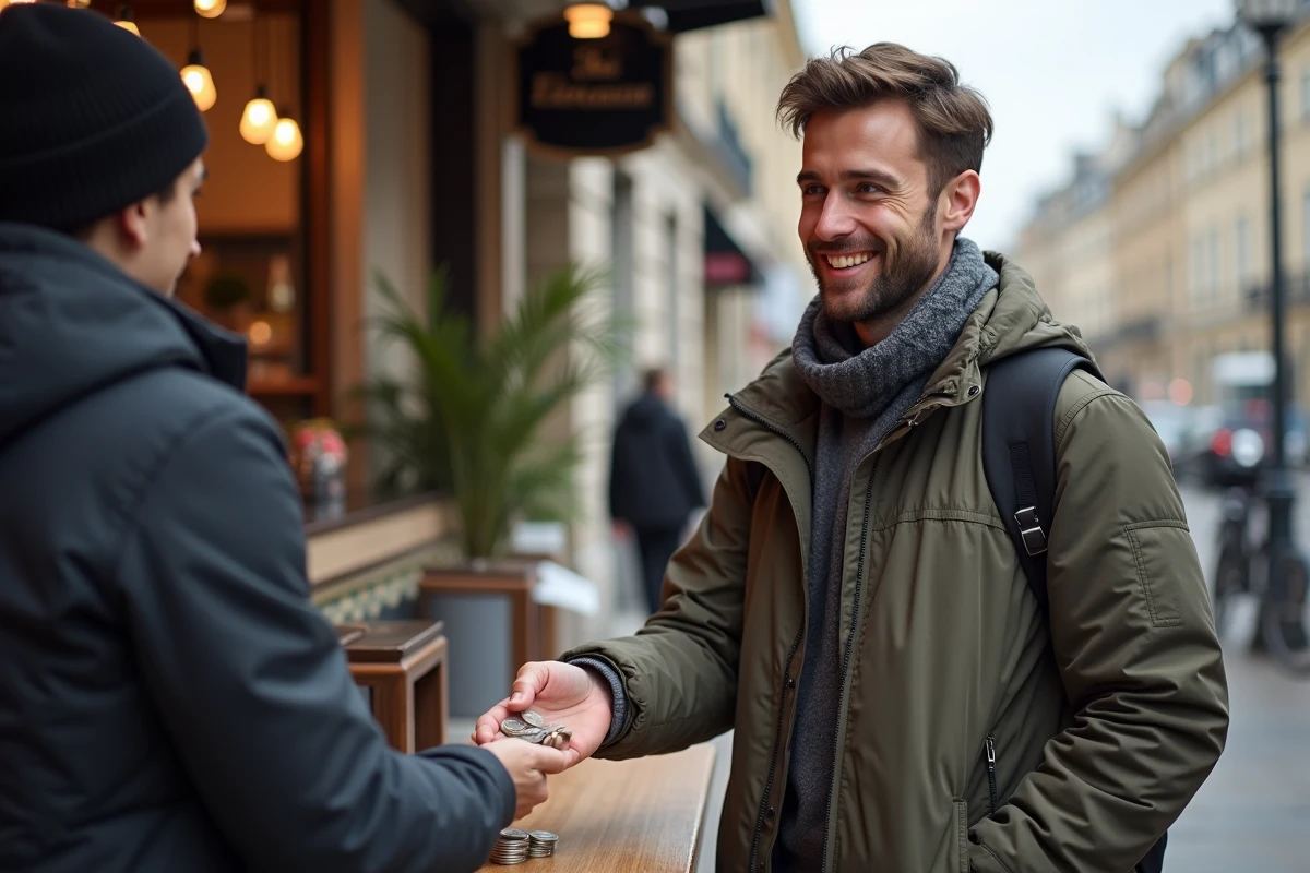 Jeune homme français reçoit sa note au café en plein air