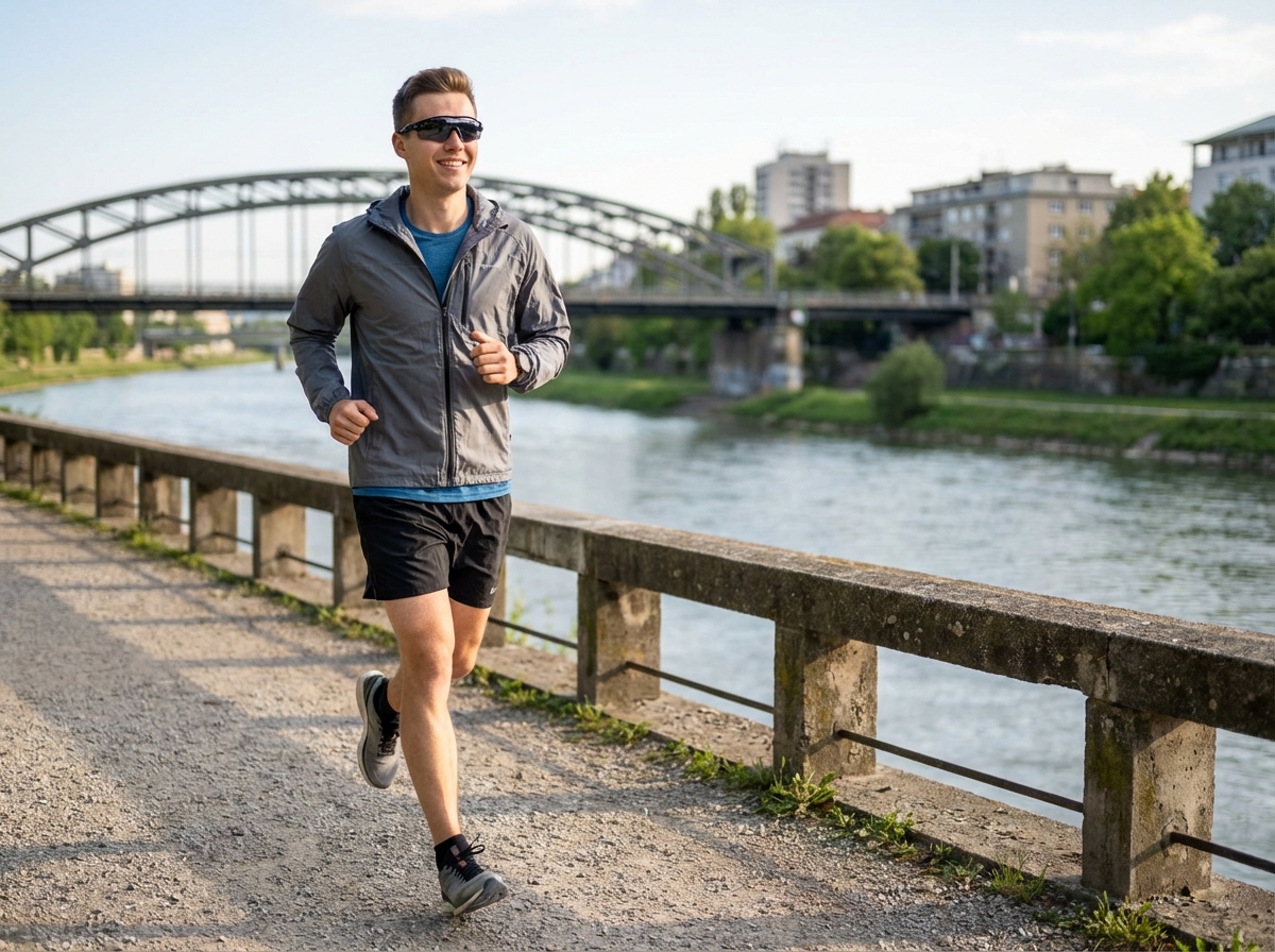 Jeune homme courant avec lunettes de sport au bord de l