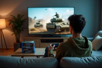 Jeune homme jouant à Battlefield 6 sur console depuis son canapé, profitant d'une vente flash pour acheter le jeu pas cher