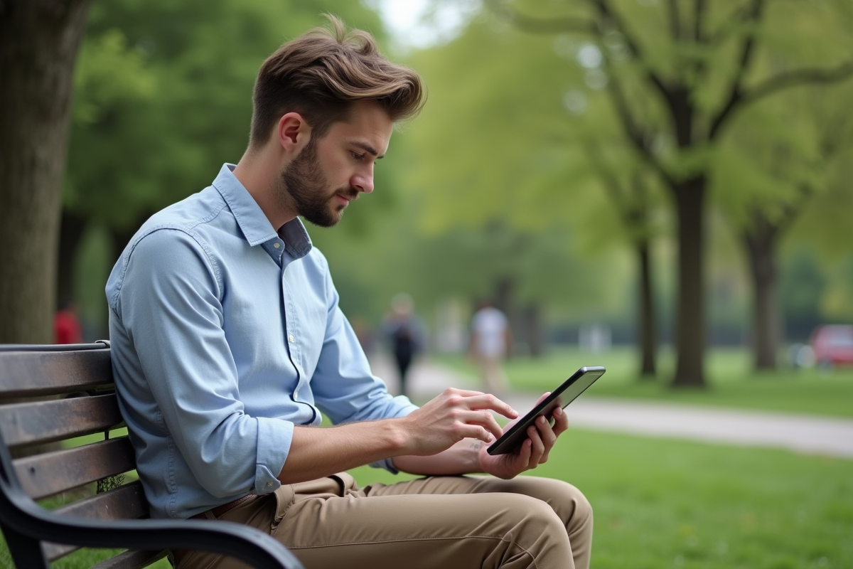 Jeune homme lisant une tablette dans un parc verdoyant