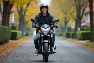 Jeune homme souriant sur une moto en automne