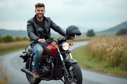 Jeune homme sur une moto Avengers en campagne