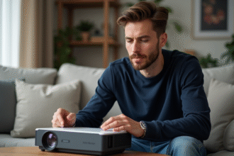 Jeune homme regardant un projecteur LED dans un salon cosy