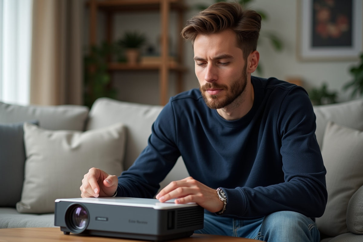 Jeune homme regardant un projecteur LED dans un salon cosy