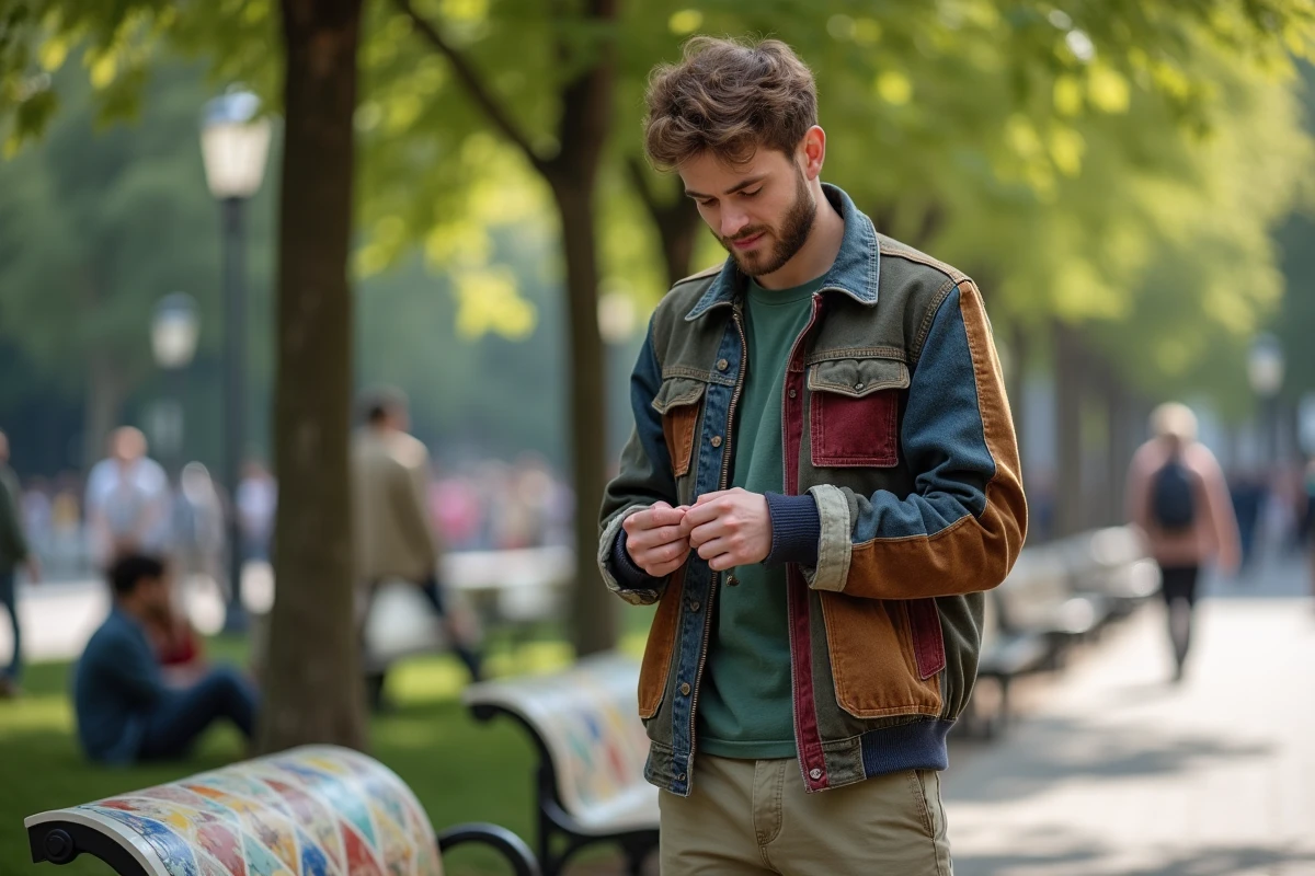 Jeune homme réparant un vetement dans un parc urbain
