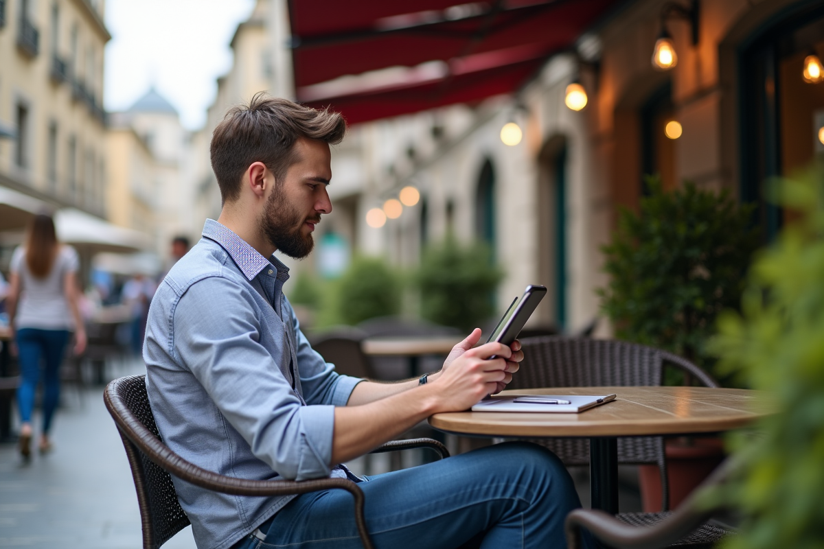 Jeune homme en visioconference sur une terrasse urbaine