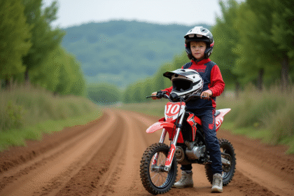 Jeune garçon de 14 ans avec casque et moto 50cc en nature