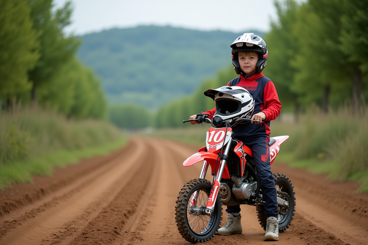 Jeune garçon de 14 ans avec casque et moto 50cc en nature