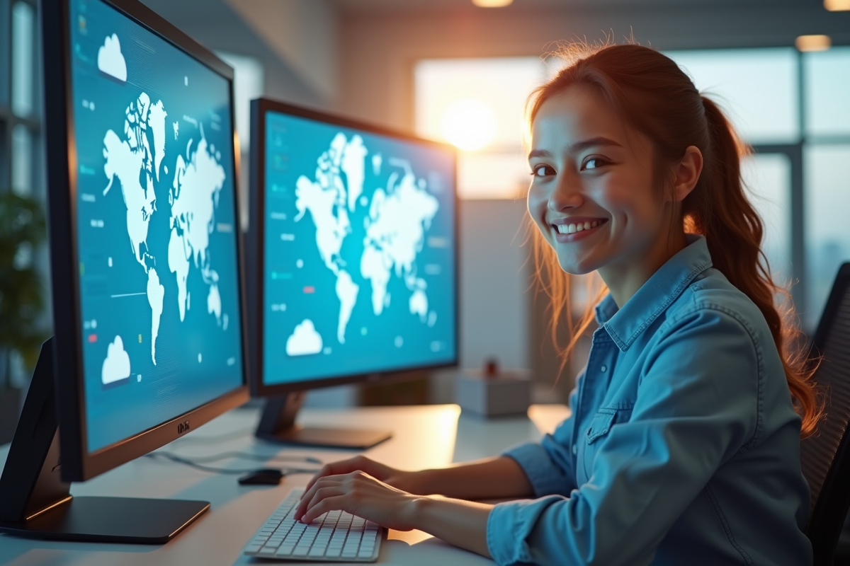 Jeune professionnel souriant travaillant à son bureau avec écrans de données