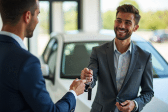 Jeune professionnel remettant des clés de voiture à un agent d'assurance