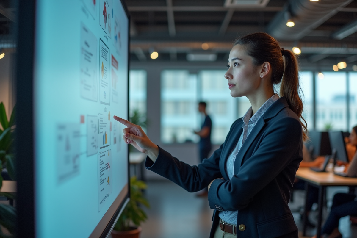 Jeune femme spécialiste IT pointant des schémas sur un écran