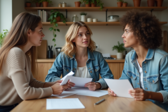 Trois jeunes adultes discutant autour d'une table de cuisine chaleureuse
