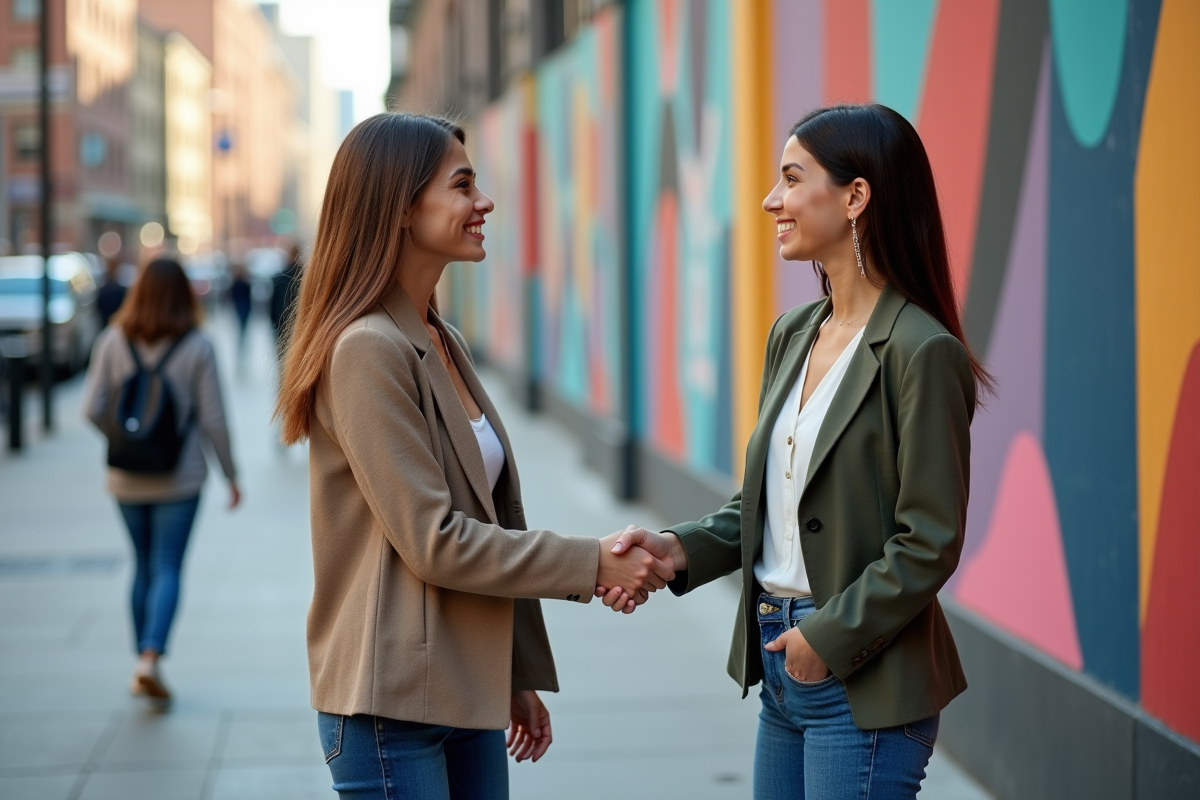 Deux jeunes femmes entrepreneures se serrant la main devant un mural urbain