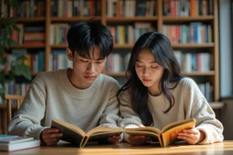 Deux jeunes adultes lisant manga dans un salon chaleureux