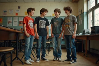 Trois adolescents en répétition dans une salle de musique scolaire