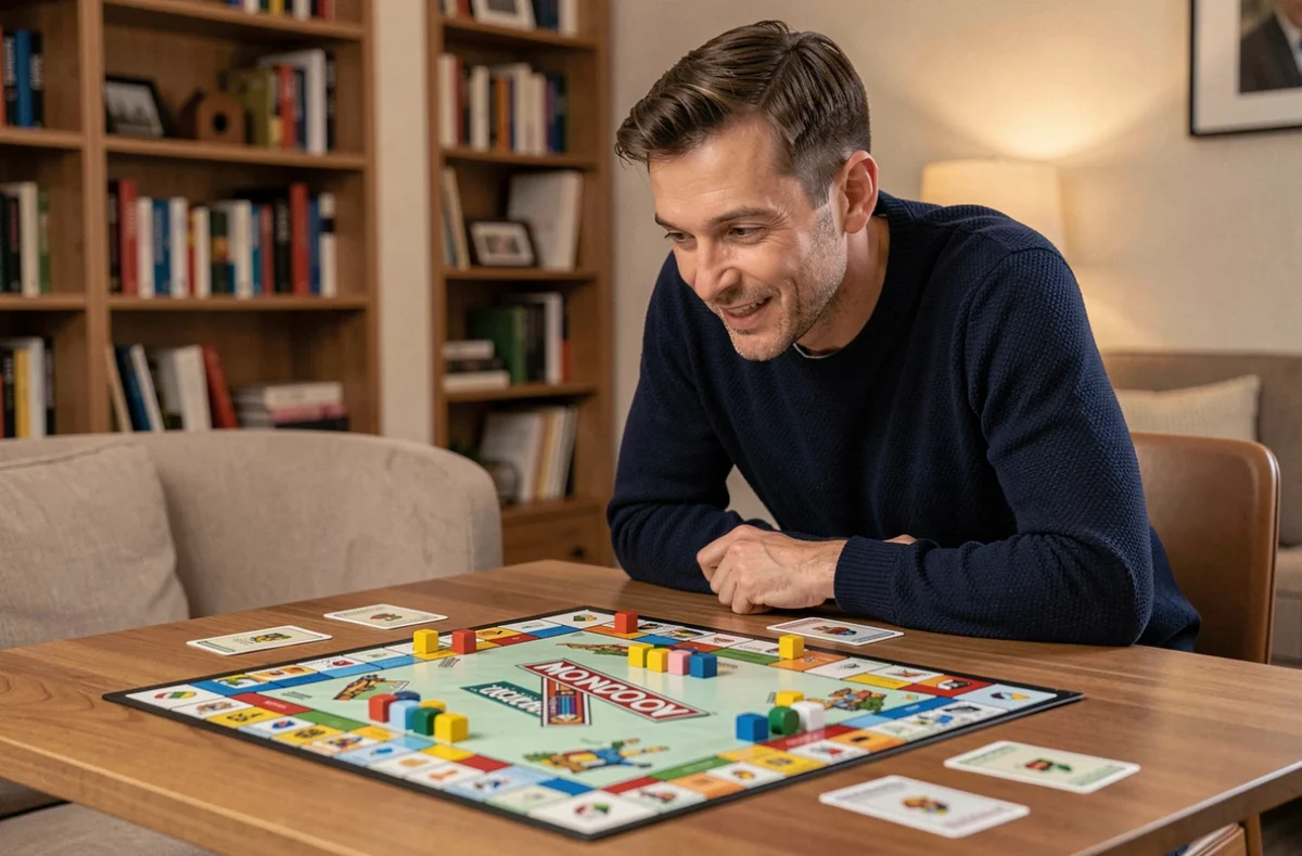 Homme concentré jouant à Monopoly GO sur une table en bois avec des cartes et pions colorés éparpillés