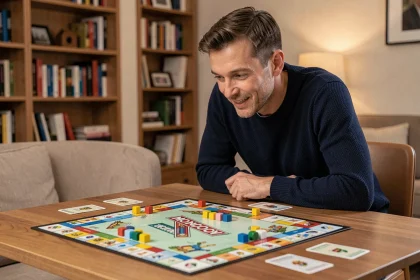 Homme concentré jouant à Monopoly GO sur une table en bois avec des cartes et pions colorés éparpillés