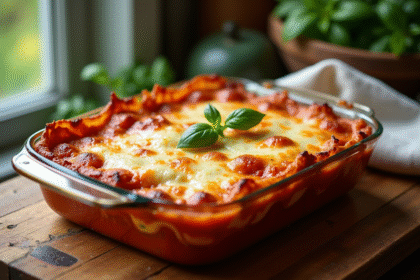 Lasagne de courgettes fraîche sortie du four sur une table en bois