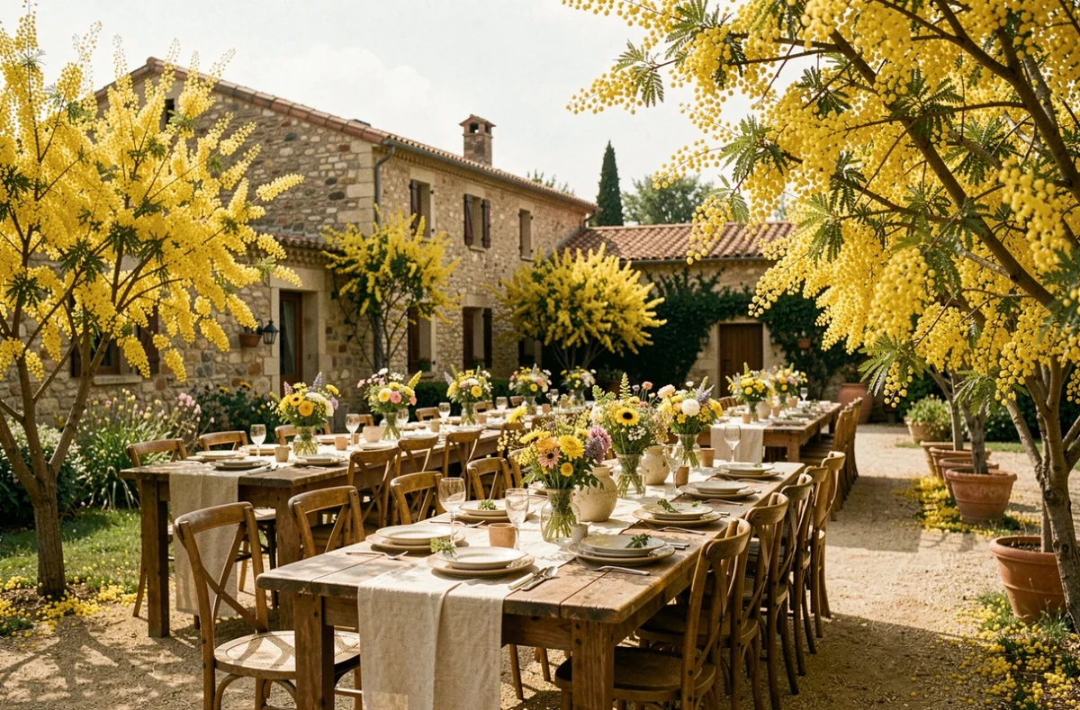 Les Mimosas avec sa terrasse provençale entourée d'arbres en fleurs jaunes et ses tables de réception décorées de manière champêtre